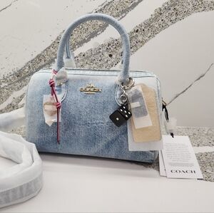 NWT Coach Medium Rowan Satchel Bag in Loved Denim with Charms